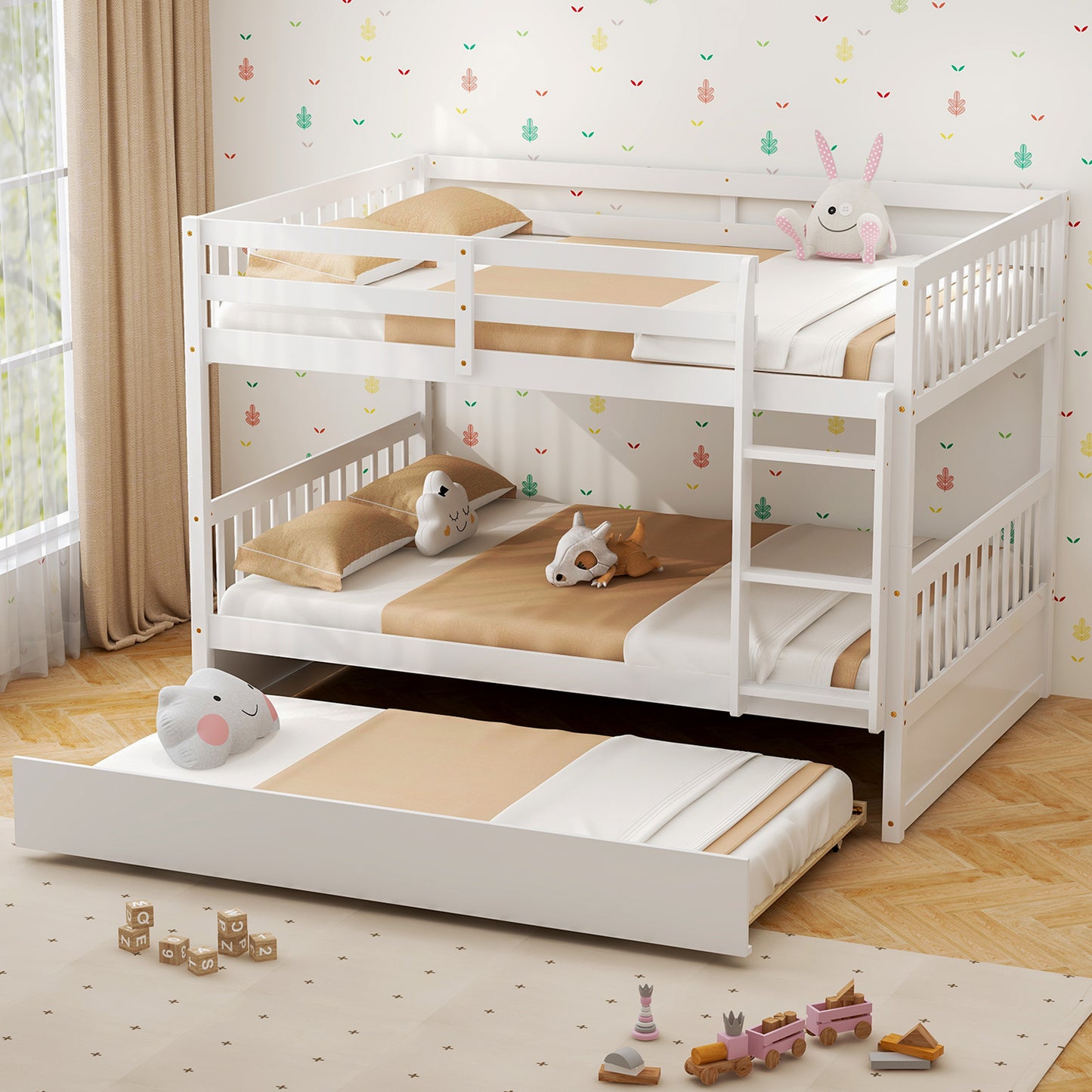 Modern Full Over Full Bunk Bed with Trundle, Ladder, and Pine Wood Frame - White