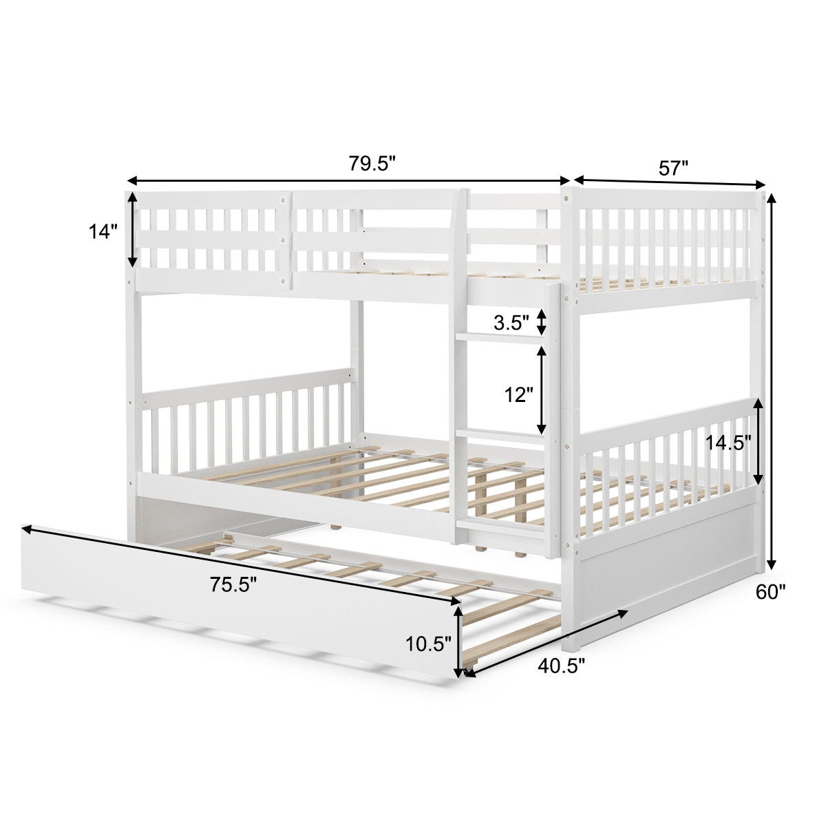 Modern Full Over Full Bunk Bed with Trundle, Ladder, and Pine Wood Frame - White