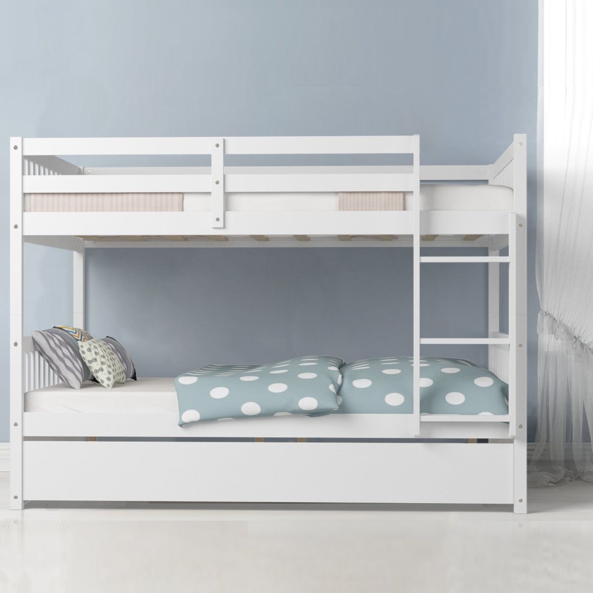 Modern Full Over Full Bunk Bed with Trundle, Ladder, and Pine Wood Frame - White
