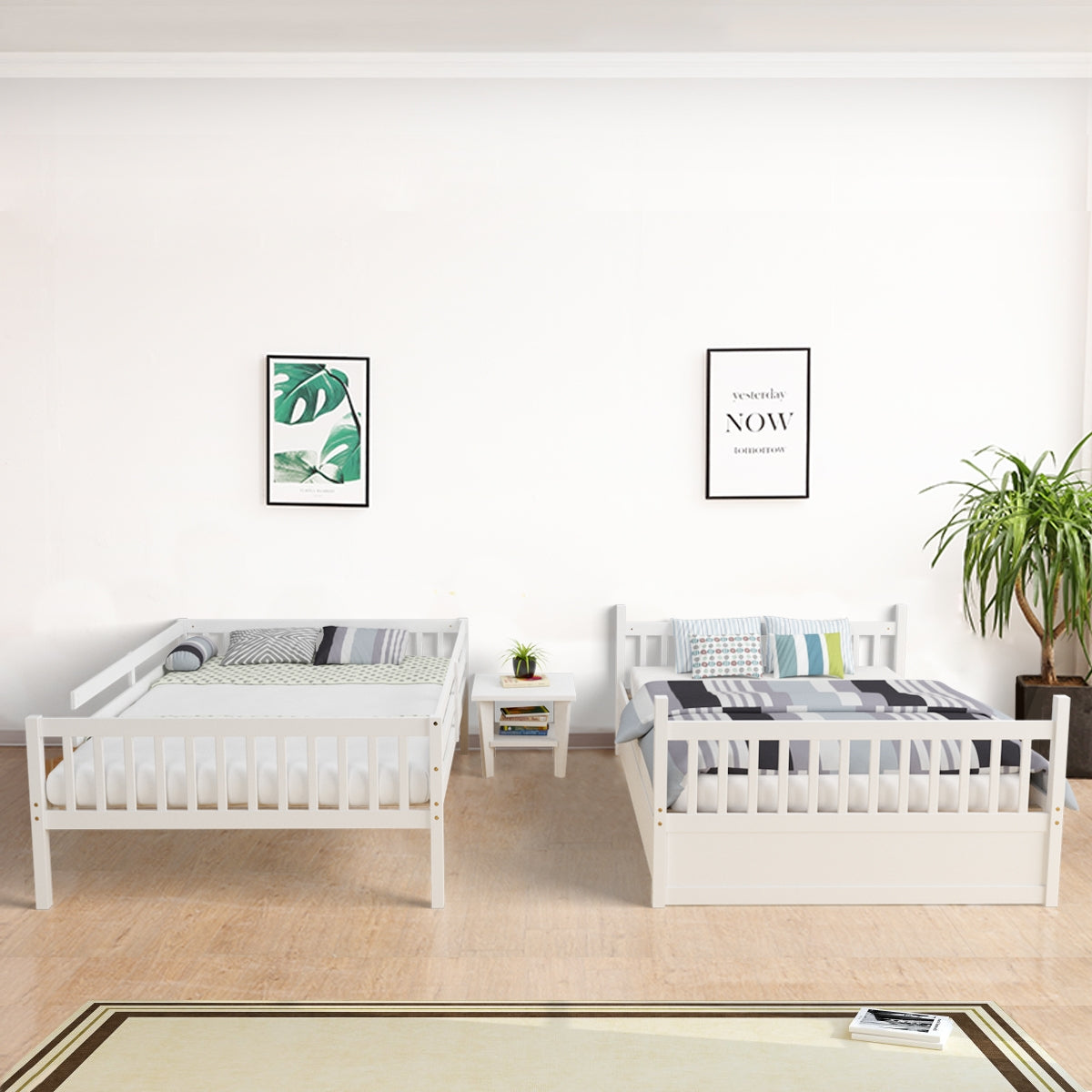 Modern Full Over Full Bunk Bed with Trundle, Ladder, and Pine Wood Frame - White