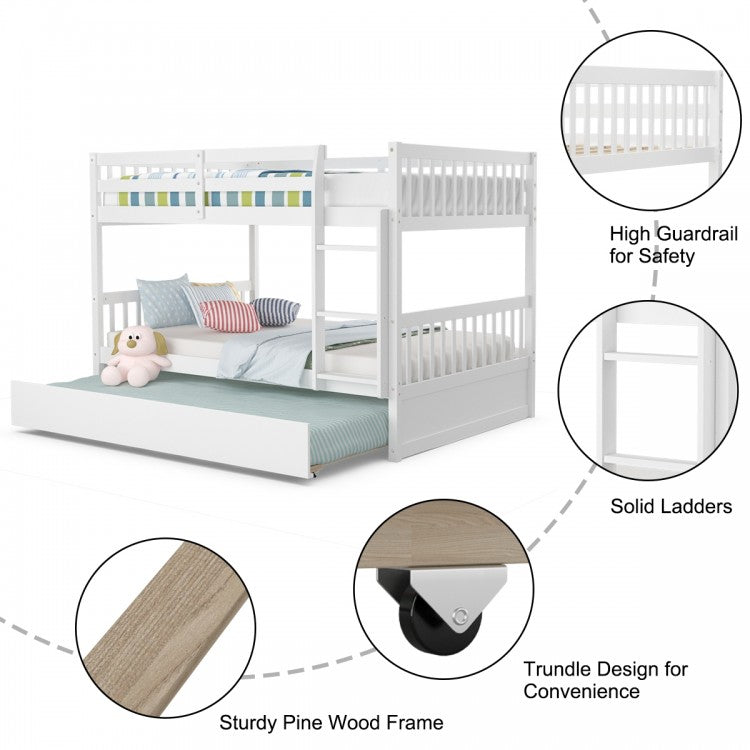 Modern Full Over Full Bunk Bed with Trundle, Ladder, and Pine Wood Frame - White