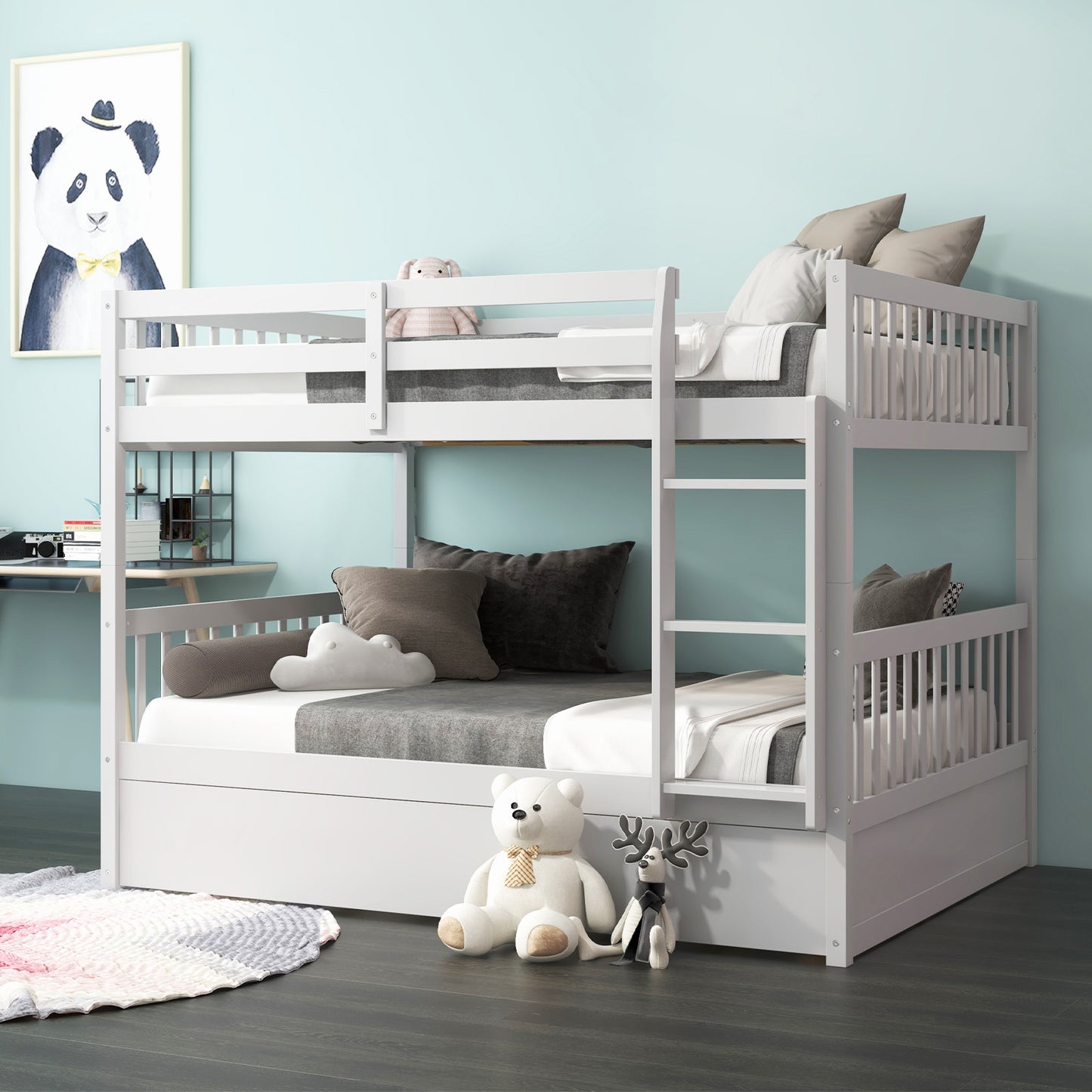 Modern Full Over Full Bunk Bed with Trundle, Ladder, and Pine Wood Frame - White