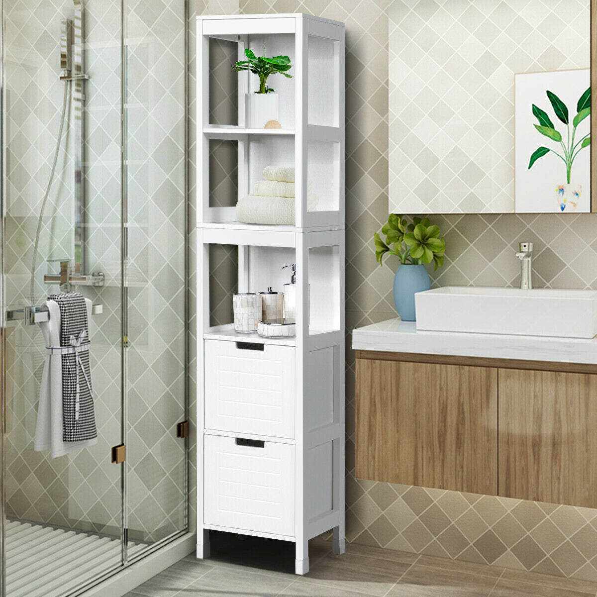 5 Tier Bathroom Storage Cabinet with 2 Drawers and Multifunctional Design