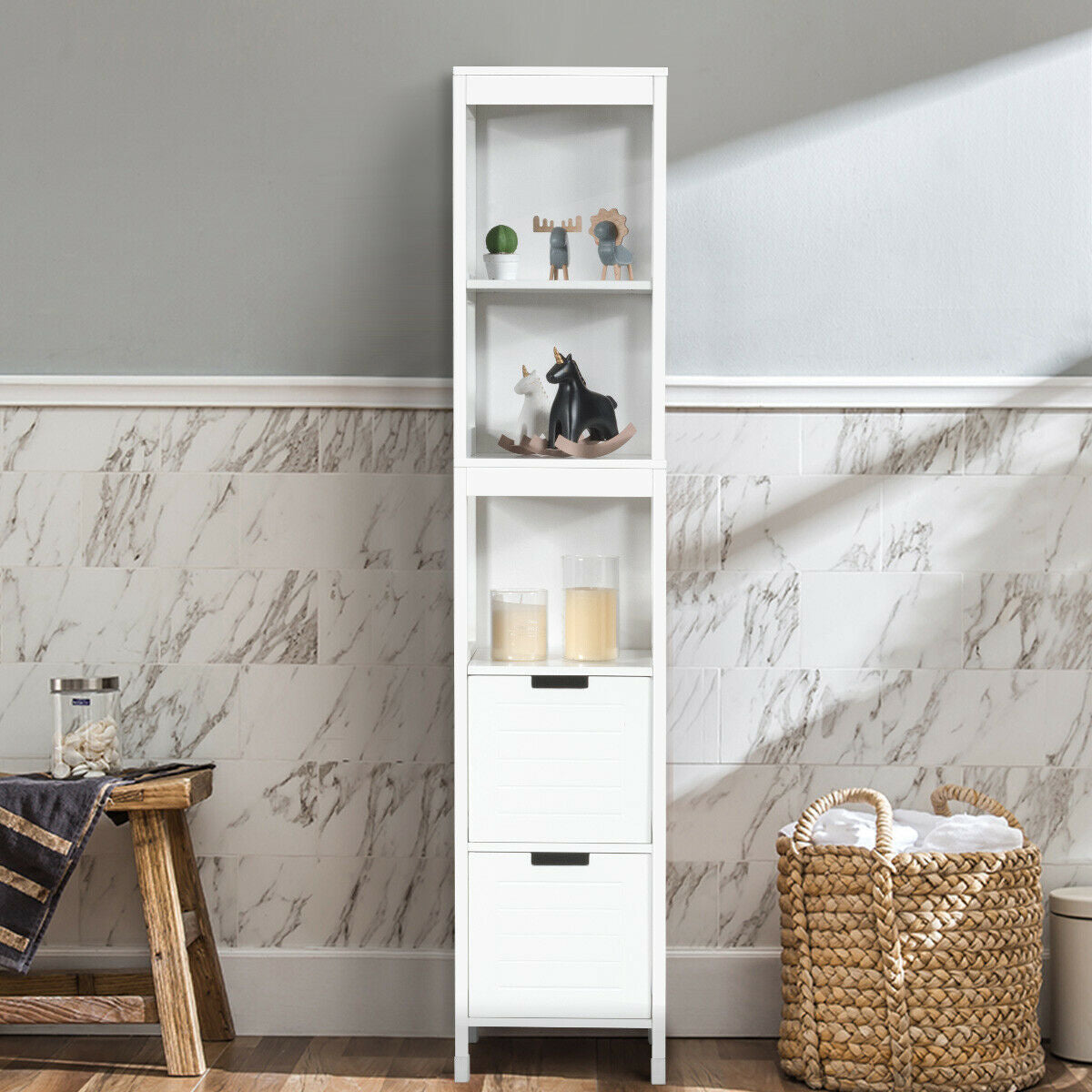 5 Tier Bathroom Storage Cabinet with 2 Drawers and Multifunctional Design