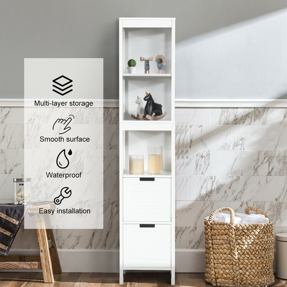5 Tier Bathroom Storage Cabinet with 2 Drawers and Multifunctional Design