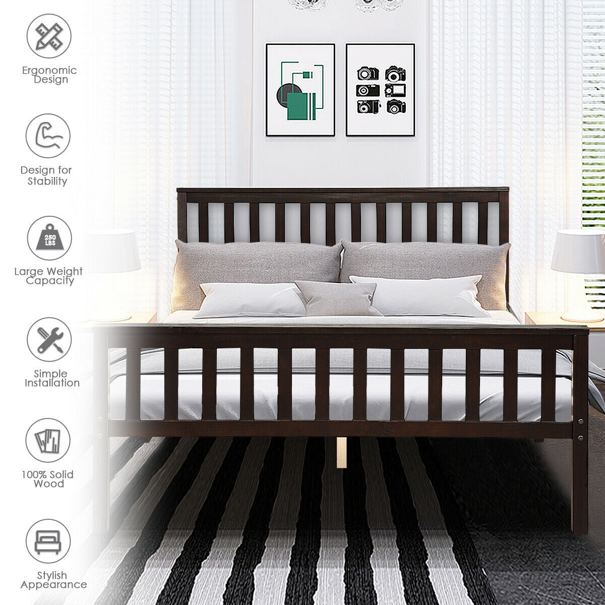 Premium Solid Wood Platform Bed with Elegant Headboard and Footboard - Queen Size