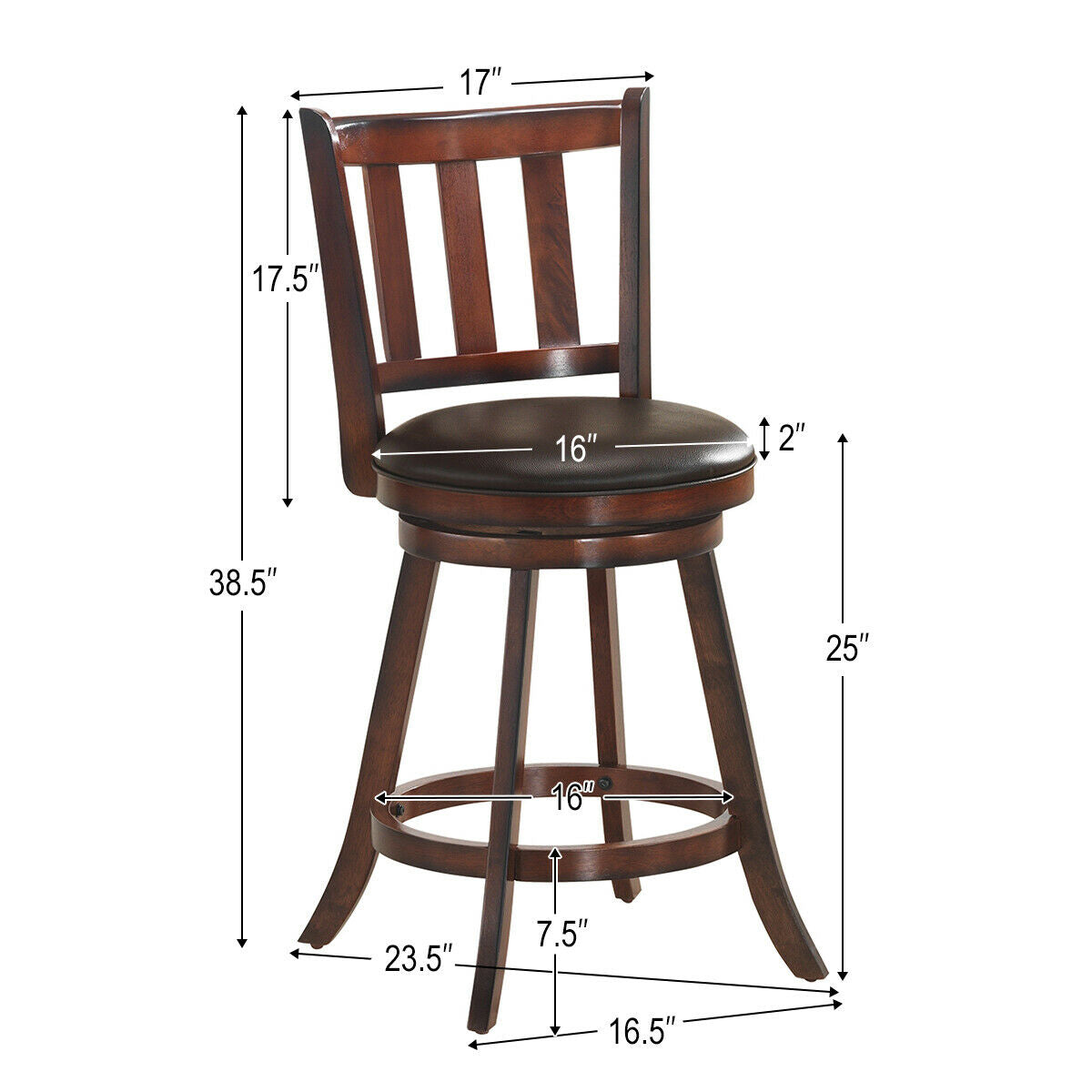 2-Piece 25 Inch Swivel Counter Height Wood Bar Stools with PVC Cushioned Seats