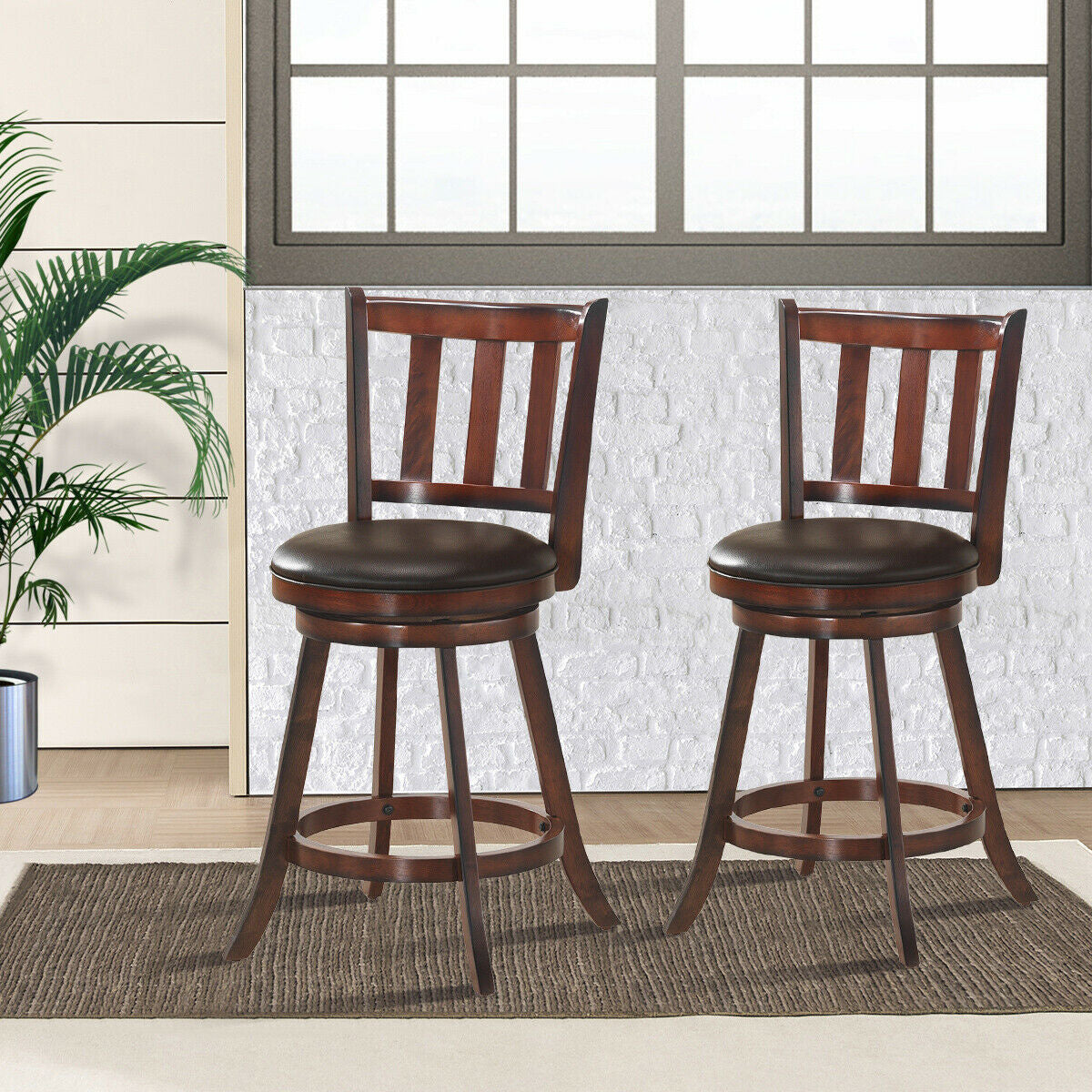 2-Piece 25 Inch Swivel Counter Height Wood Bar Stools with PVC Cushioned Seats