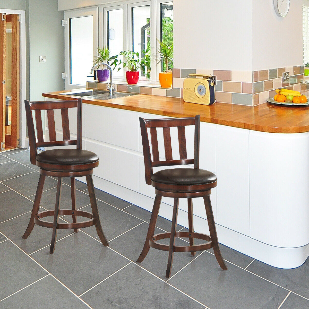 2-Piece 25 Inch Swivel Counter Height Wood Bar Stools with PVC Cushioned Seats