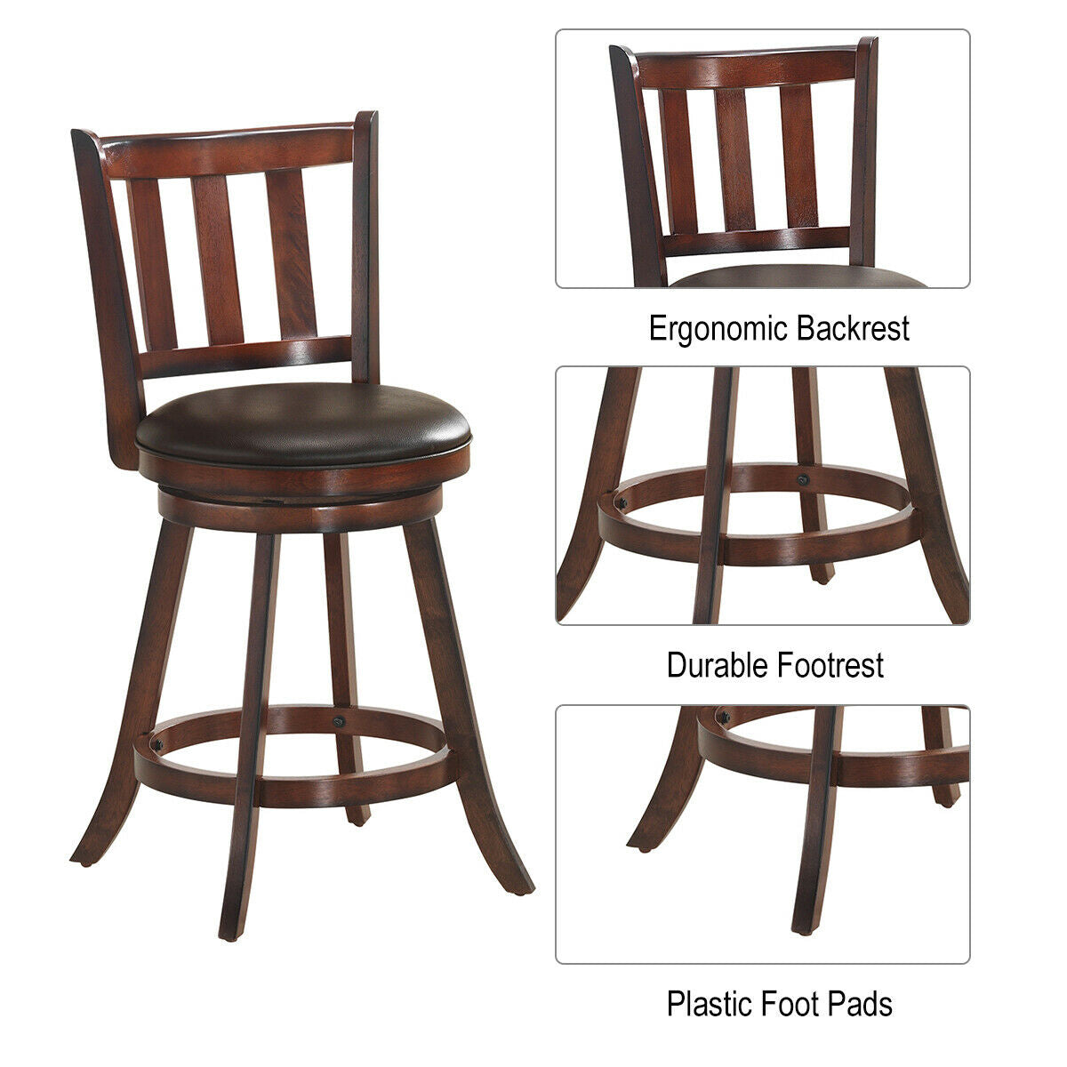 2-Piece 25 Inch Swivel Counter Height Wood Bar Stools with PVC Cushioned Seats
