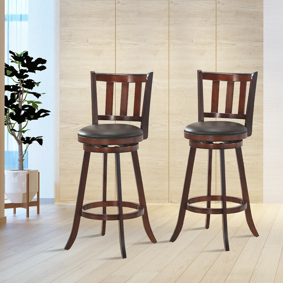 2-Piece 30 Inch Swivel Counter Height Wood Bar Stools with PVC Cushioned Seats