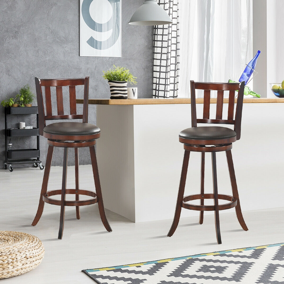 2-Piece 30 Inch Swivel Counter Height Wood Bar Stools with PVC Cushioned Seats