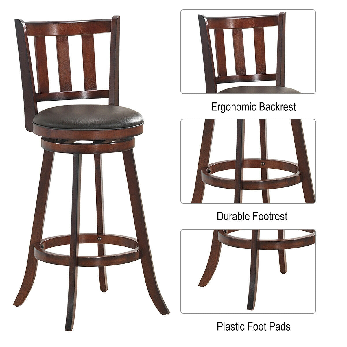 2-Piece 30 Inch Swivel Counter Height Wood Bar Stools with PVC Cushioned Seats
