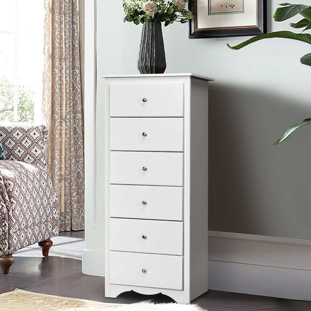 Modern 6 Drawer Bedroom Dresser Cabinet with Vertical Storage – White