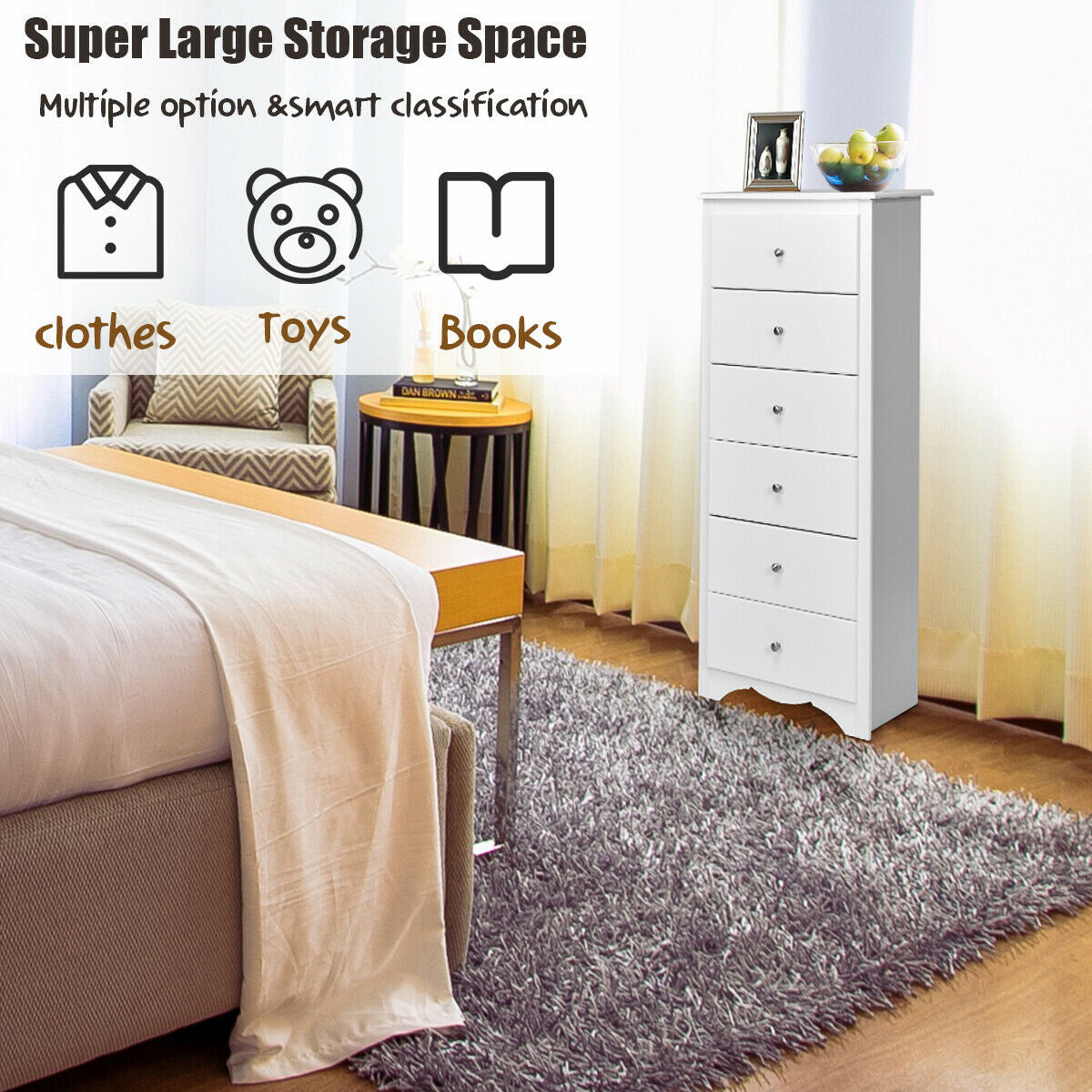 Modern 6 Drawer Bedroom Dresser Cabinet with Vertical Storage – White