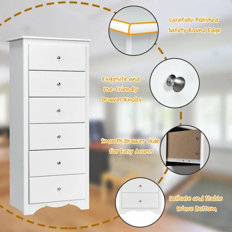 Modern 6 Drawer Bedroom Dresser Cabinet with Vertical Storage – White
