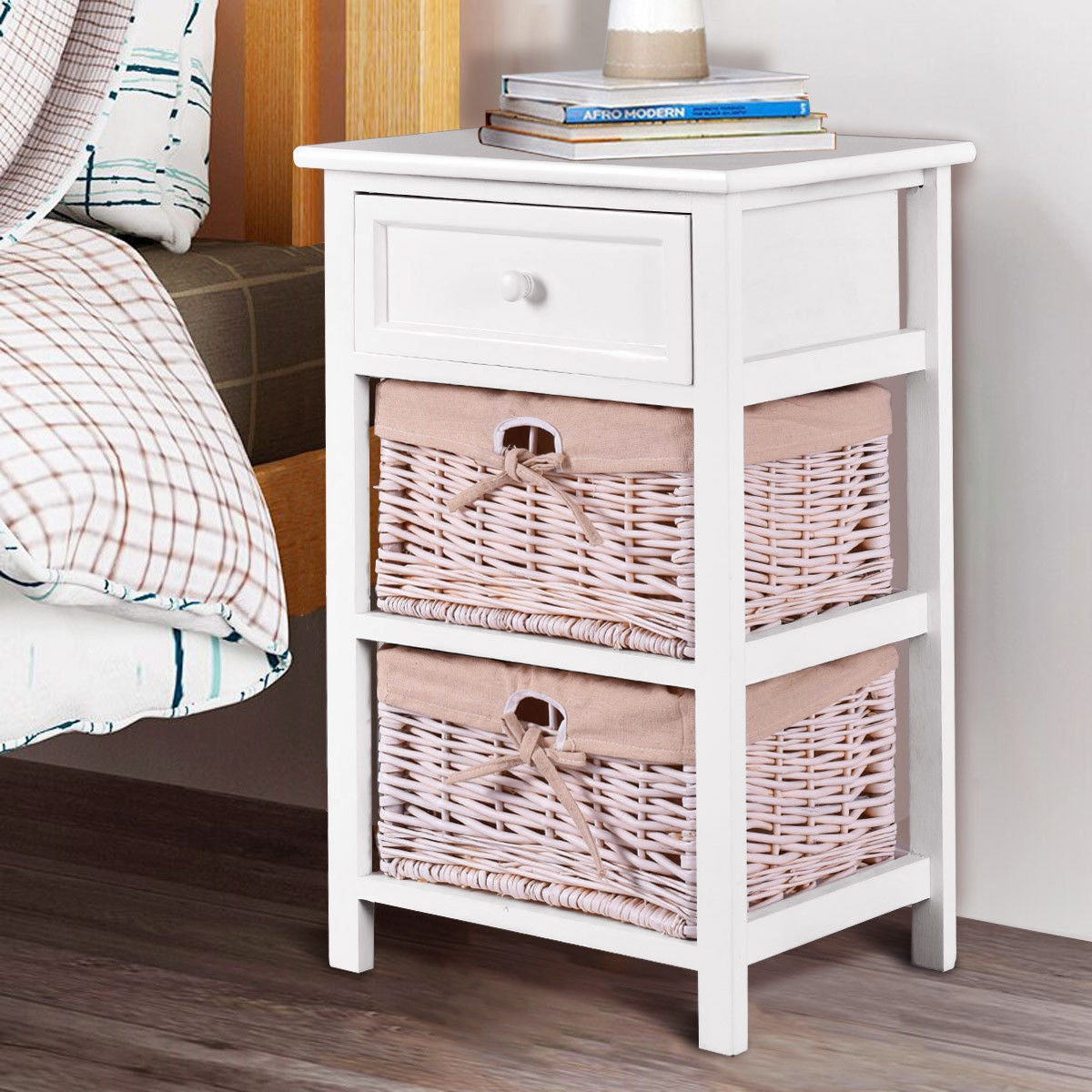 Wooden Storage Nightstand with 1 Drawer and 2 Baskets, Compact Bedside Table – White