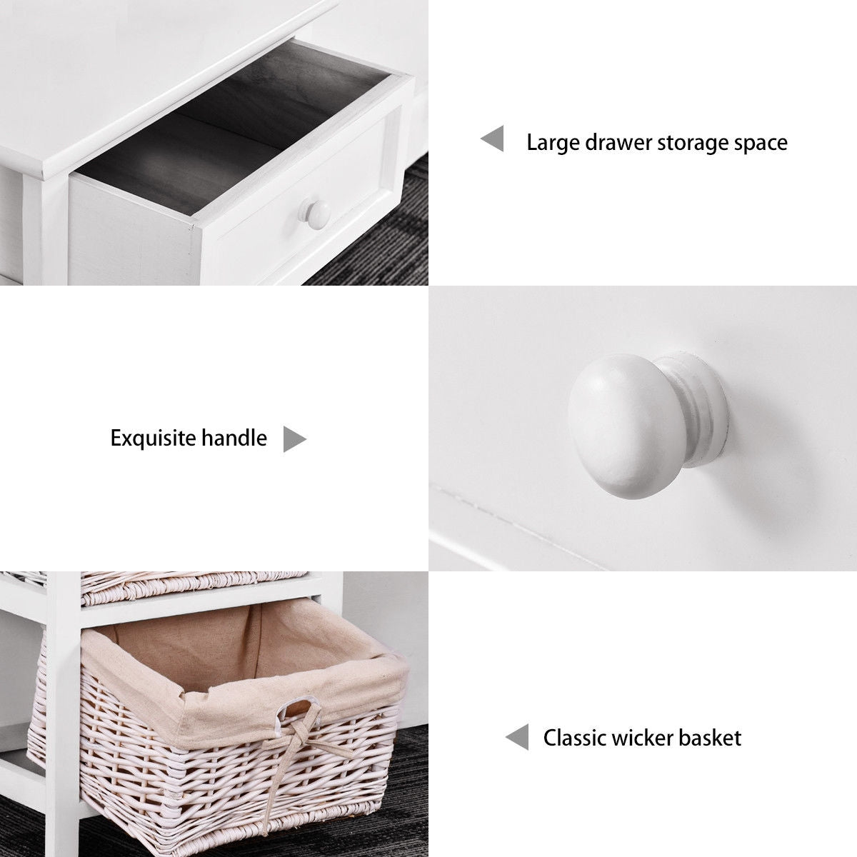 Wooden Storage Nightstand with 1 Drawer and 2 Baskets, Compact Bedside Table – White