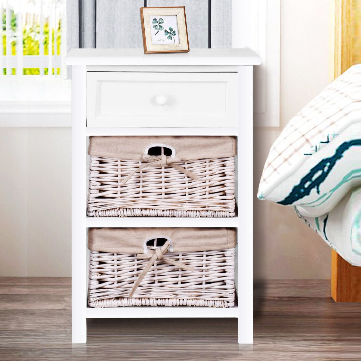 Wooden Storage Nightstand with 1 Drawer and 2 Baskets, Compact Bedside Table – White