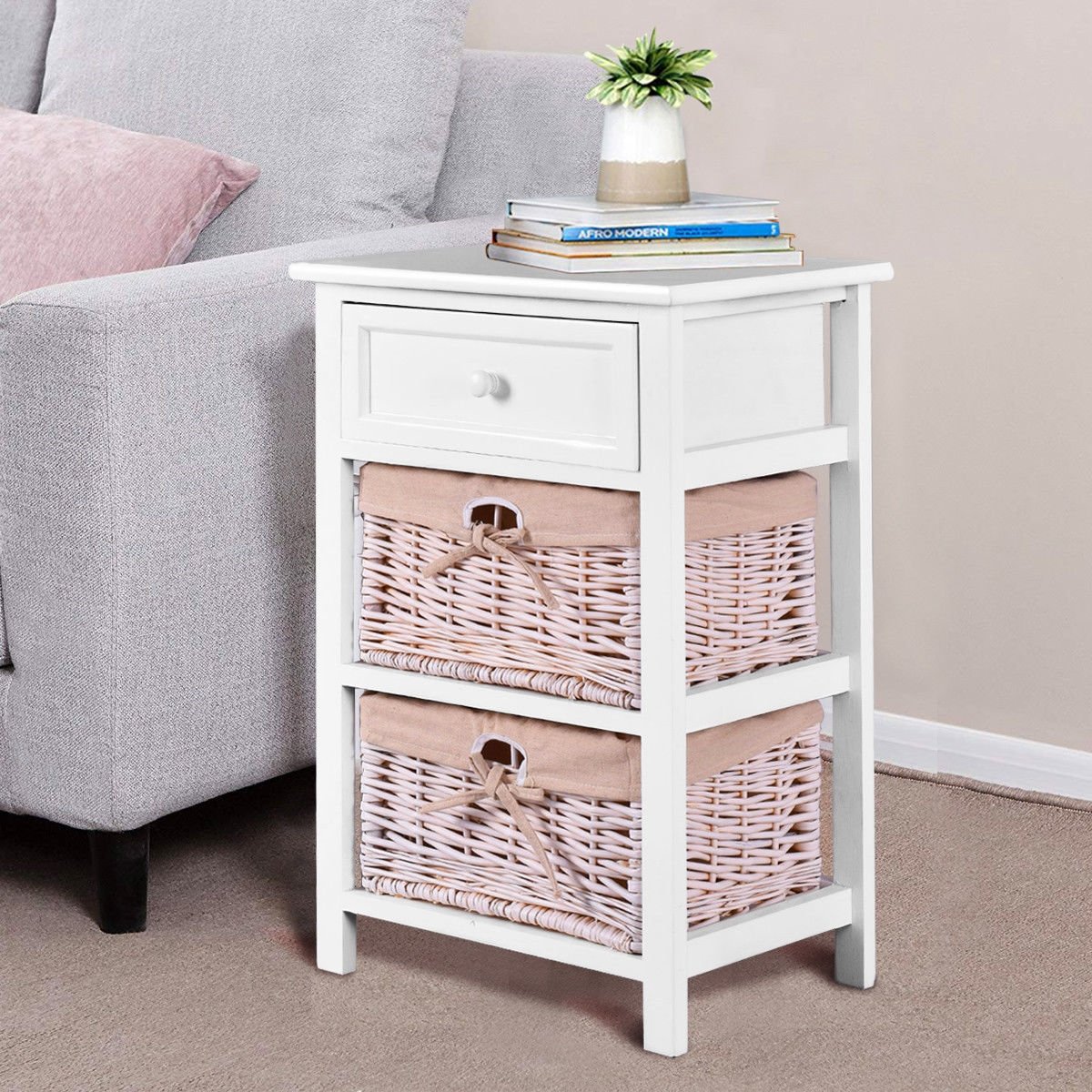 Wooden Storage Nightstand with 1 Drawer and 2 Baskets, Compact Bedside Table – White