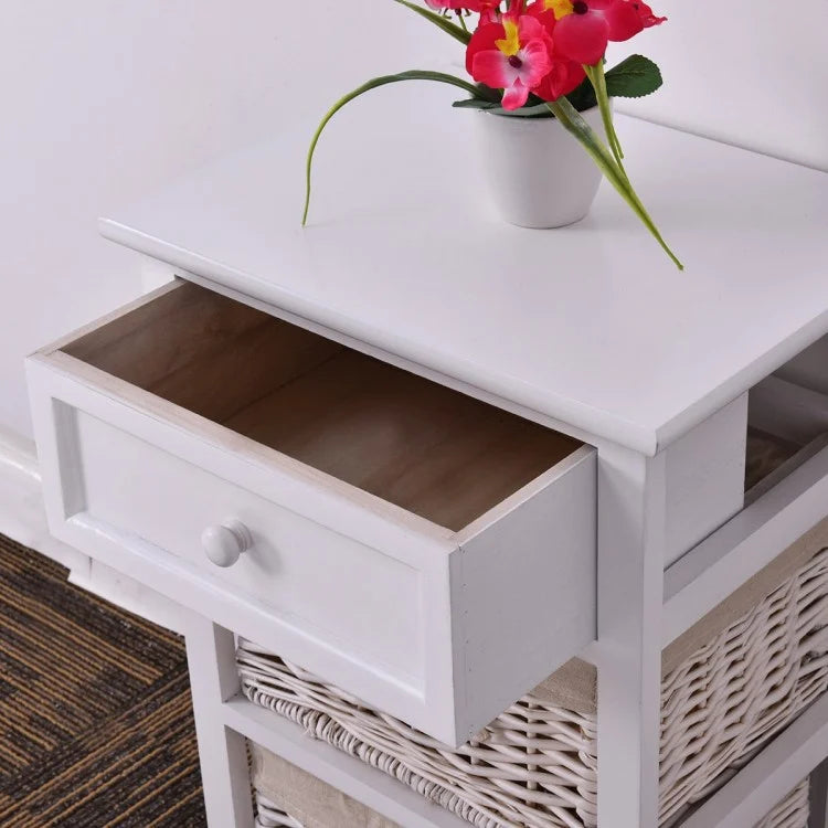Wooden Storage Nightstand with 1 Drawer and 2 Baskets, Compact Bedside Table – White
