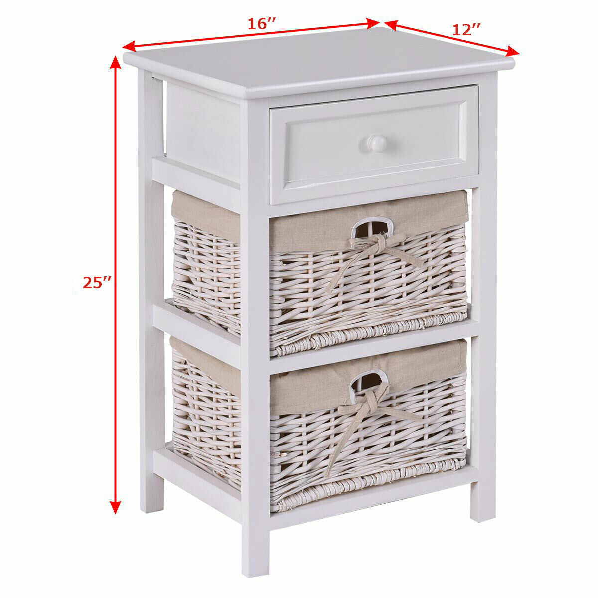 Wooden Storage Nightstand with 1 Drawer and 2 Baskets, Compact Bedside Table – White