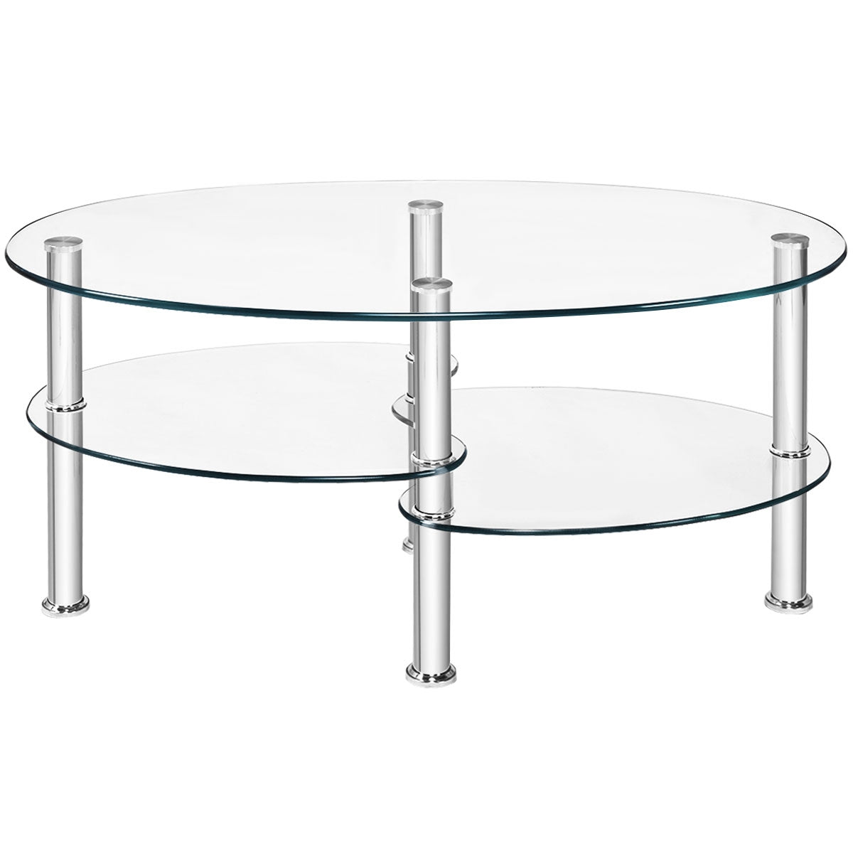 Oval Tempered Glass Coffee Table with Double Storage Shelves and Metal Frame - Transparent