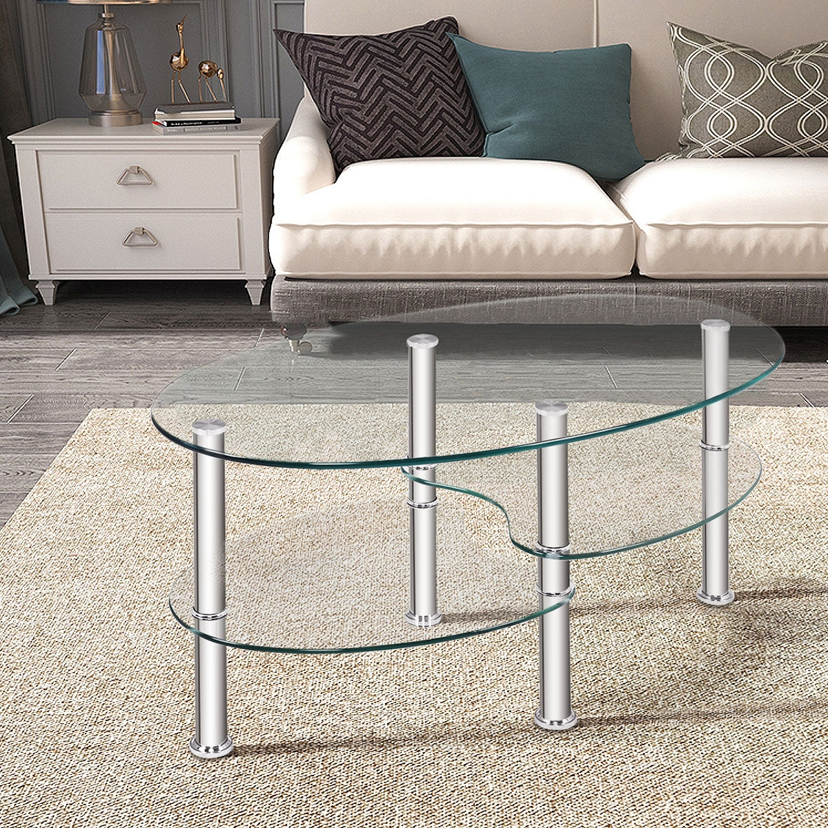 Oval Tempered Glass Coffee Table with Double Storage Shelves and Metal Frame - Transparent