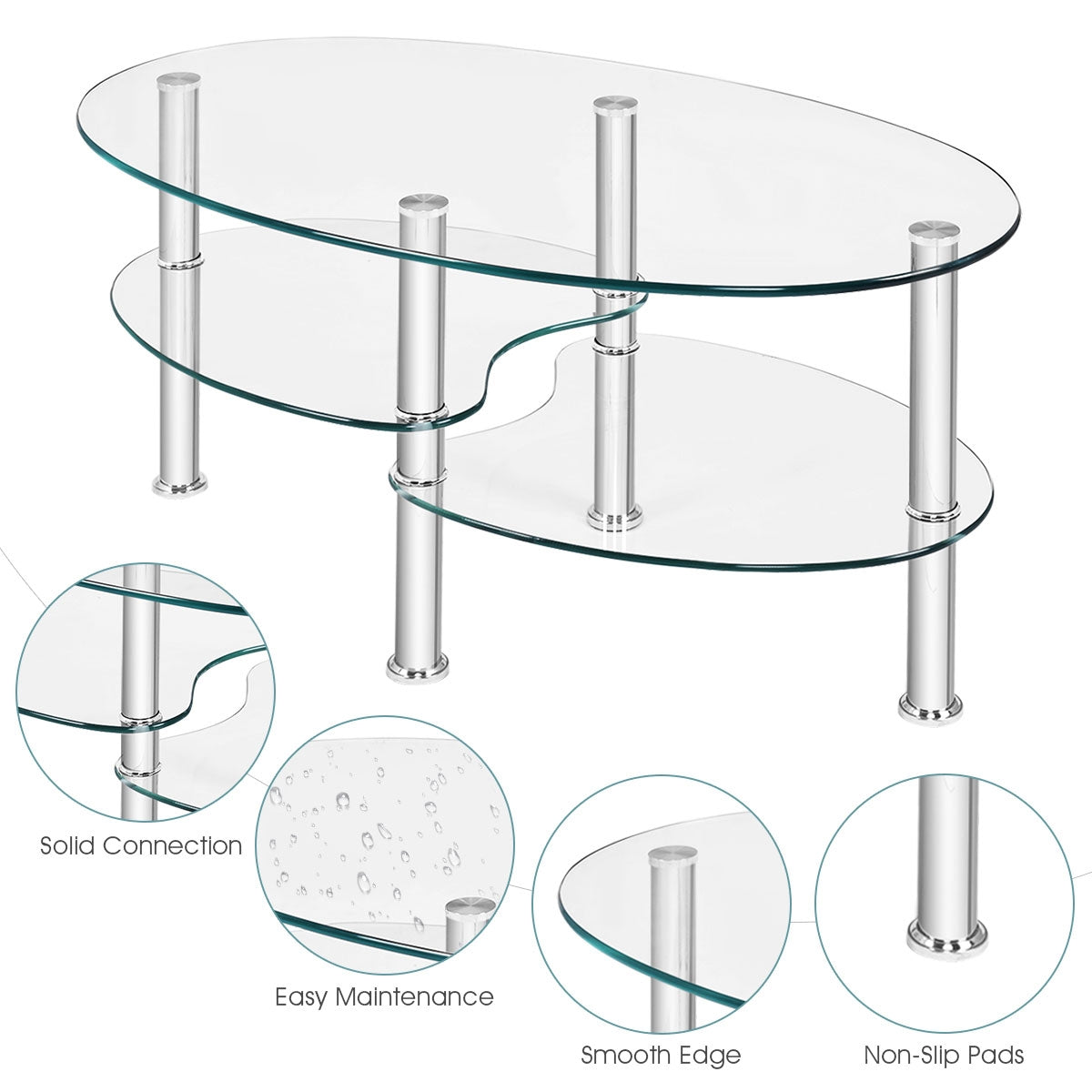 Oval Tempered Glass Coffee Table with Double Storage Shelves and Metal Frame - Transparent