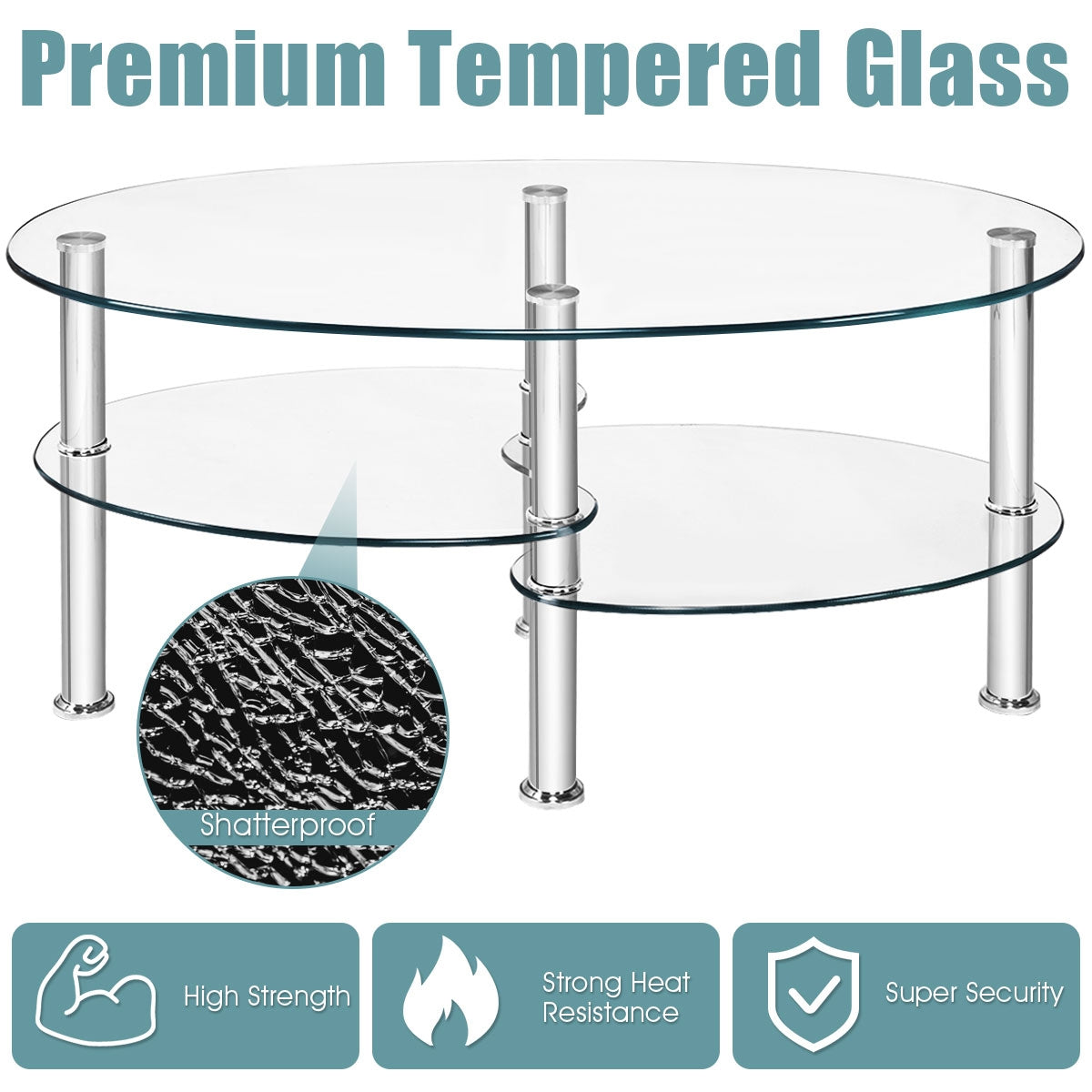Oval Tempered Glass Coffee Table with Double Storage Shelves and Metal Frame - Transparent