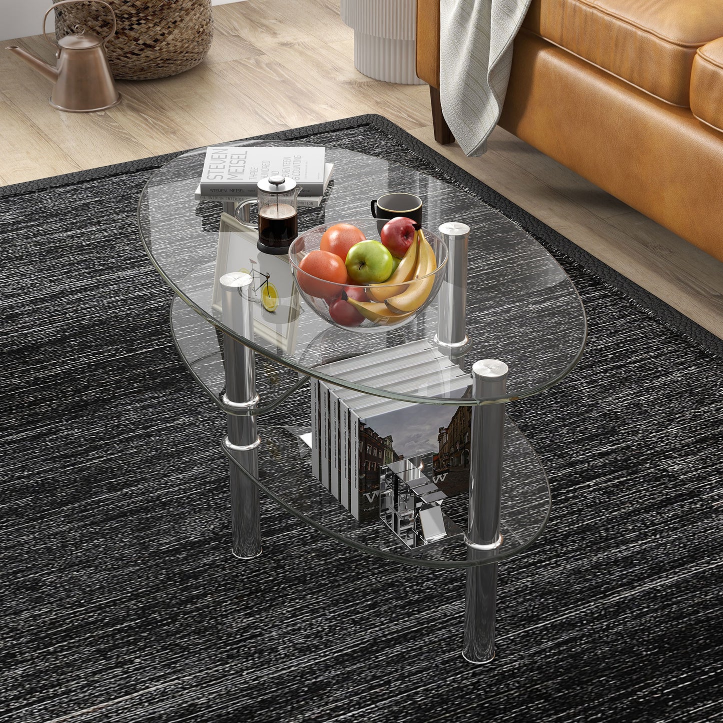 Oval Tempered Glass Coffee Table with Double Storage Shelves and Metal Frame - Transparent