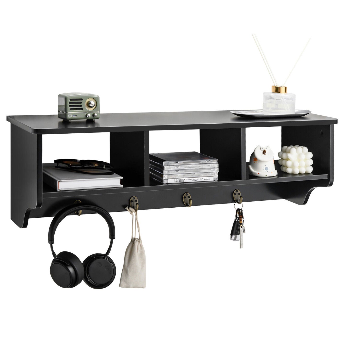 Wall Mounted Entryway Shelf with Storage Cubbies and Coat Hooks for Hallway or Mudroom - Black