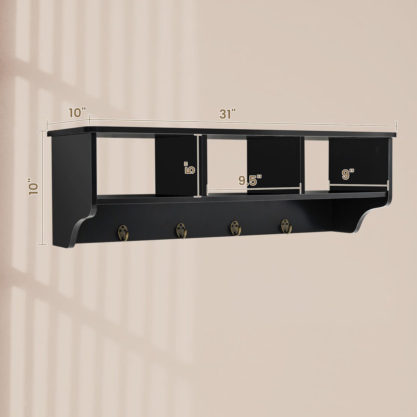 Wall Mounted Entryway Shelf with Storage Cubbies and Coat Hooks for Hallway or Mudroom - Black
