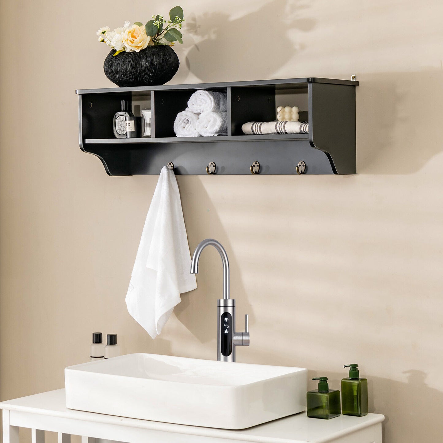 Wall Mounted Entryway Shelf with Storage Cubbies and Coat Hooks for Hallway or Mudroom - Black