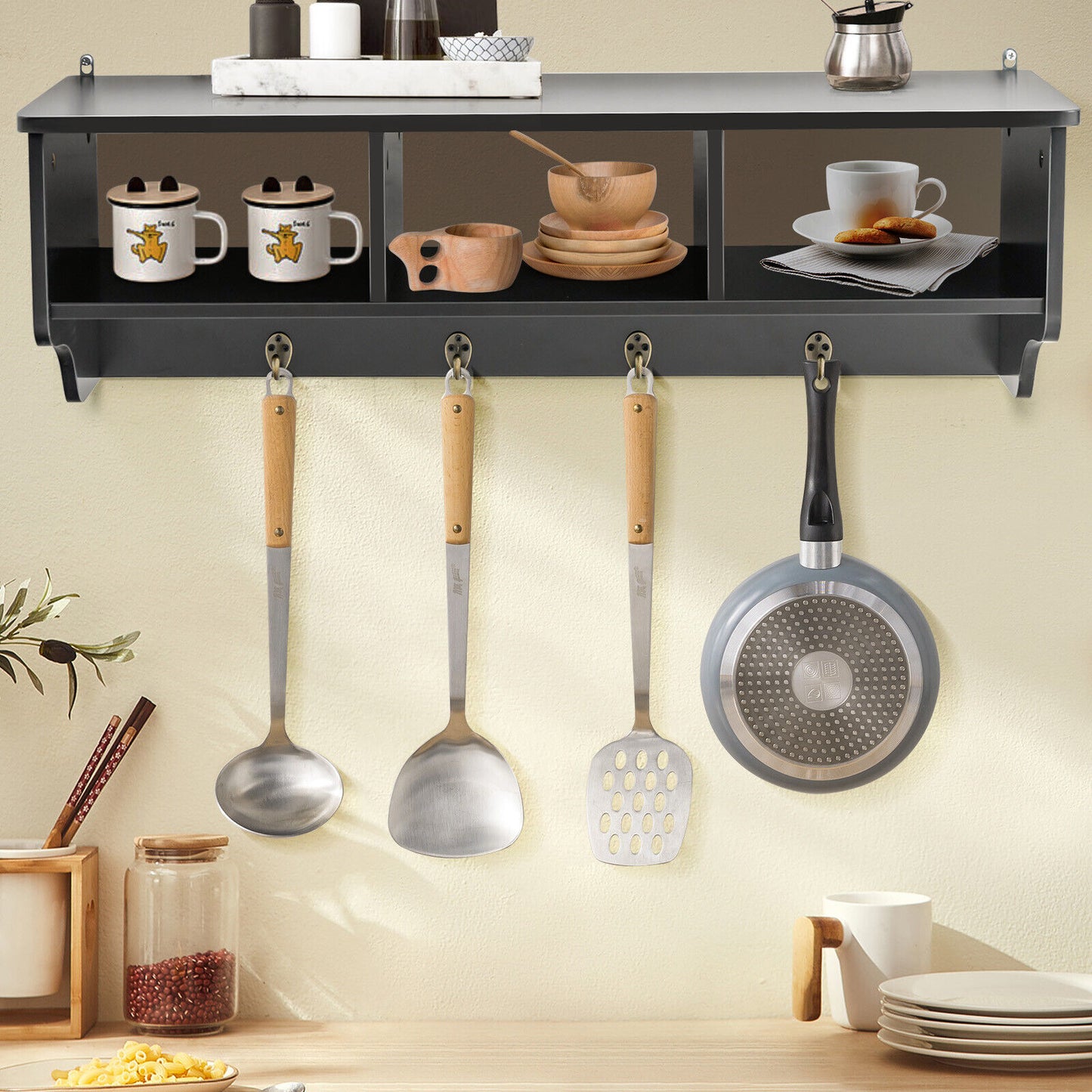 Wall Mounted Entryway Shelf with Storage Cubbies and Coat Hooks for Hallway or Mudroom - Black