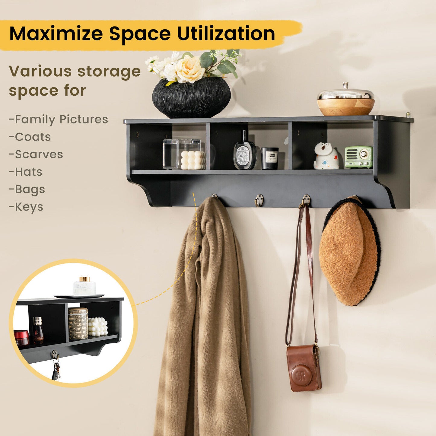 Wall Mounted Entryway Shelf with Storage Cubbies and Coat Hooks for Hallway or Mudroom - Black