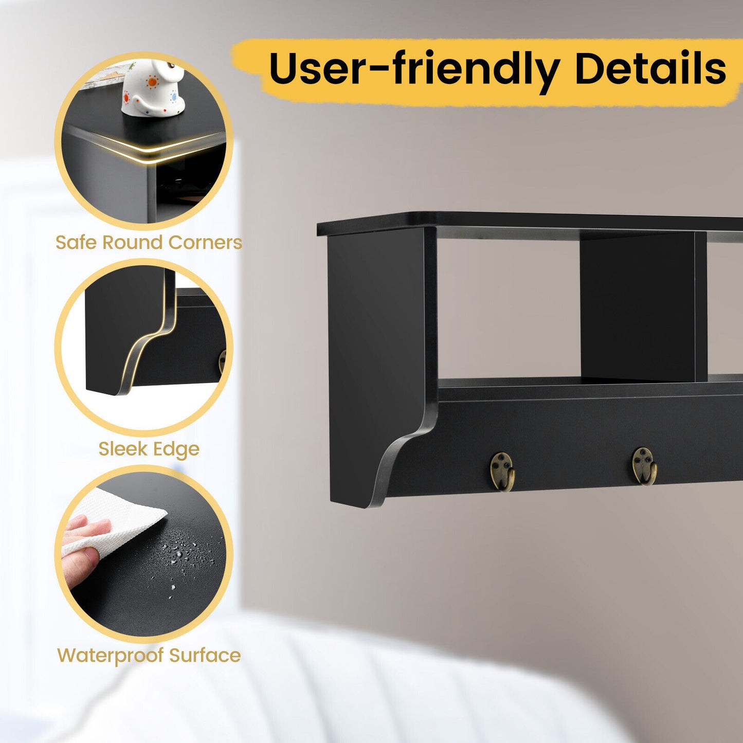 Wall Mounted Entryway Shelf with Storage Cubbies and Coat Hooks for Hallway or Mudroom - Black