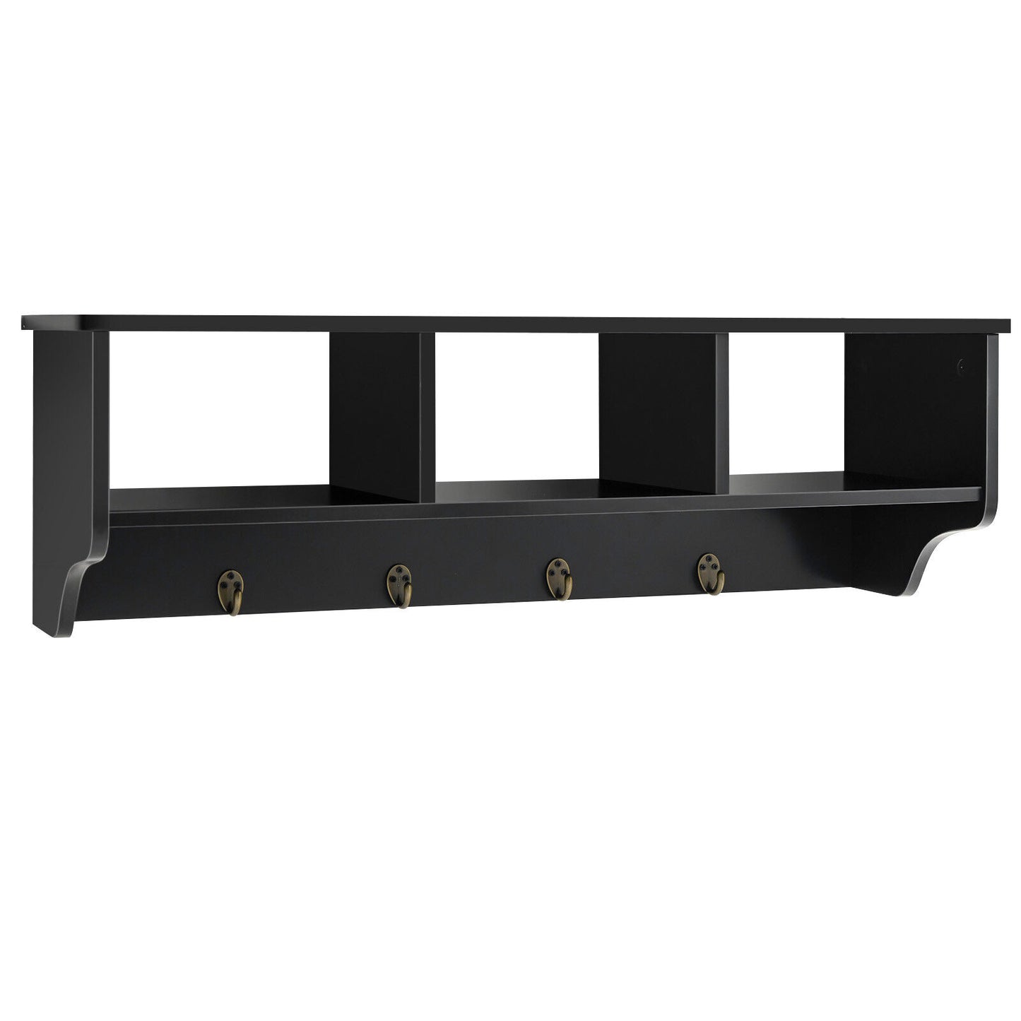 Wall Mounted Entryway Shelf with Storage Cubbies and Coat Hooks for Hallway or Mudroom - Black