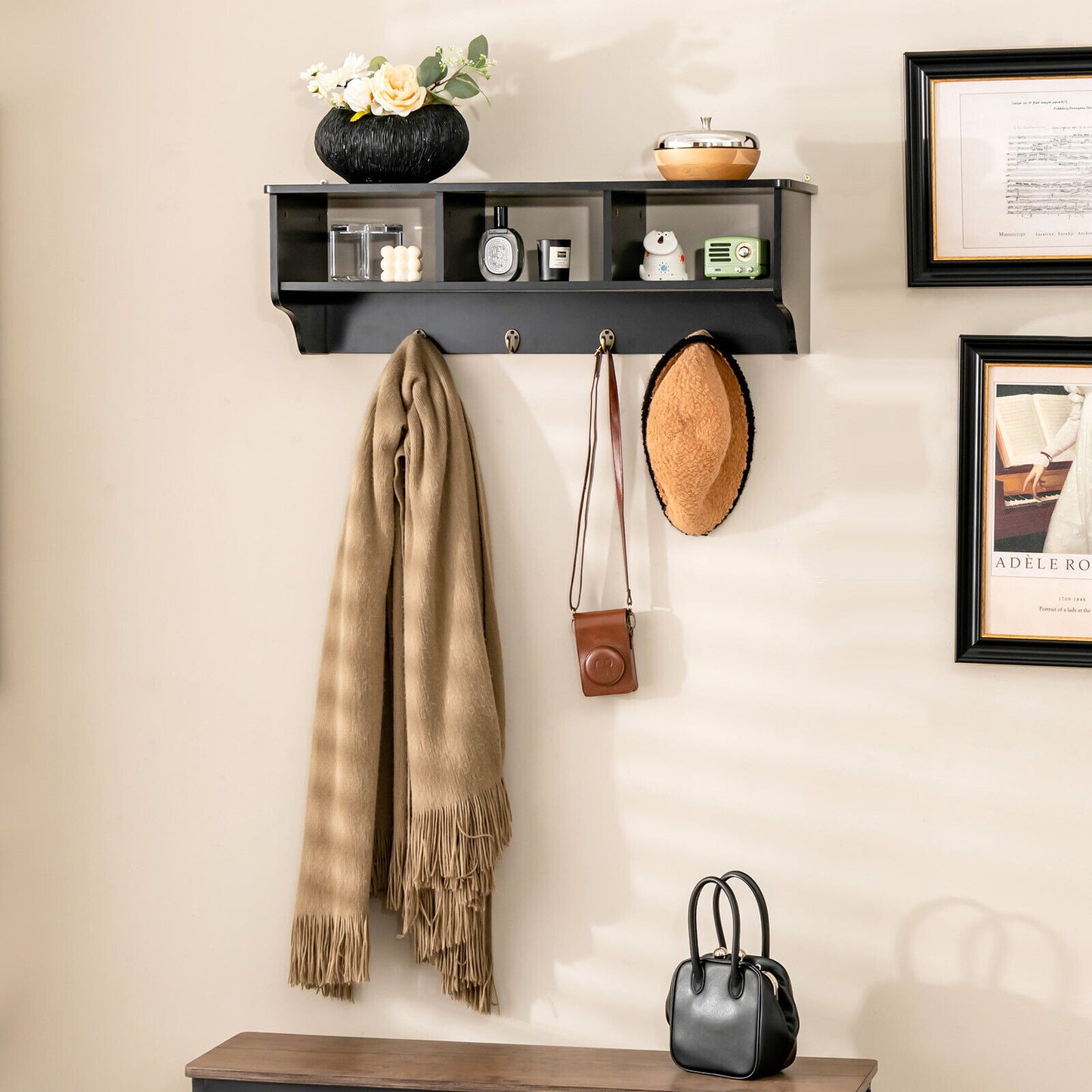Wall Mounted Entryway Shelf with Storage Cubbies and Coat Hooks for Hallway or Mudroom - Black