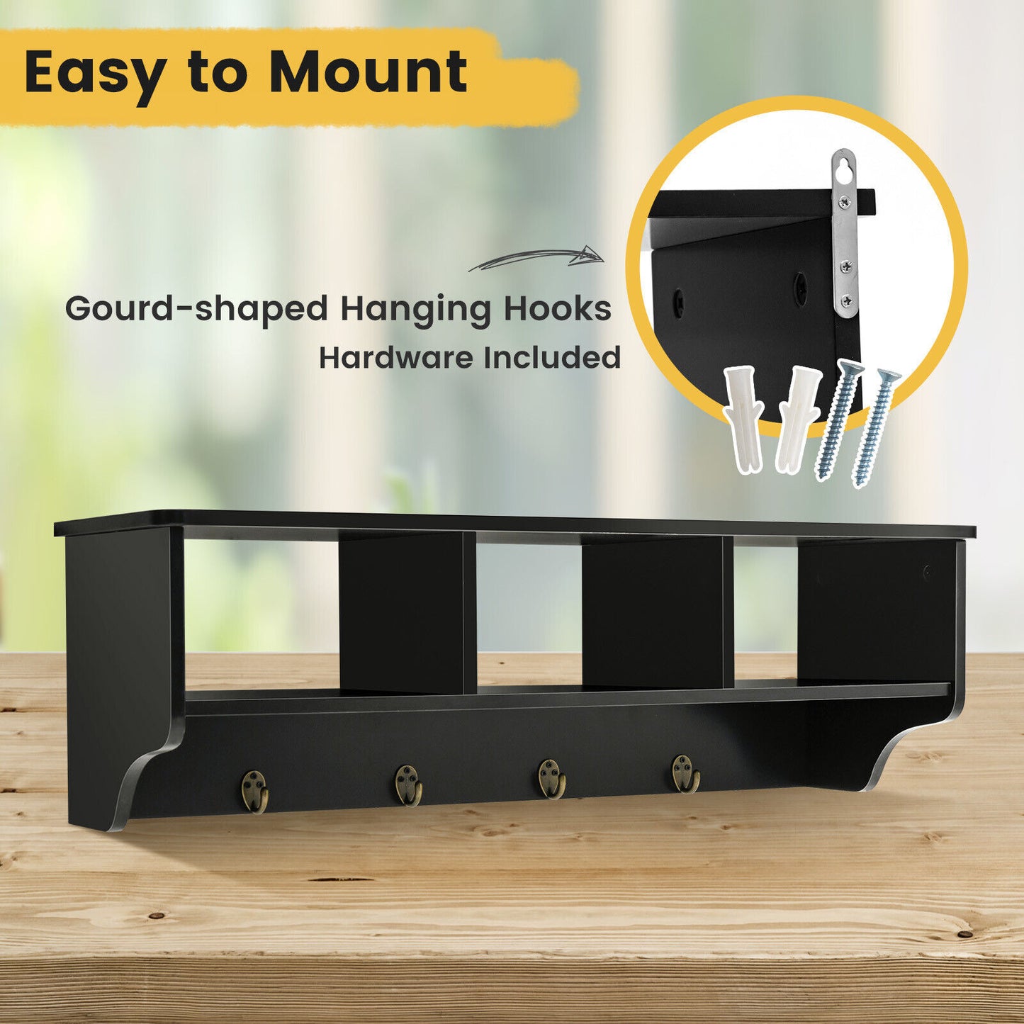 Wall Mounted Entryway Shelf with Storage Cubbies and Coat Hooks for Hallway or Mudroom - Black
