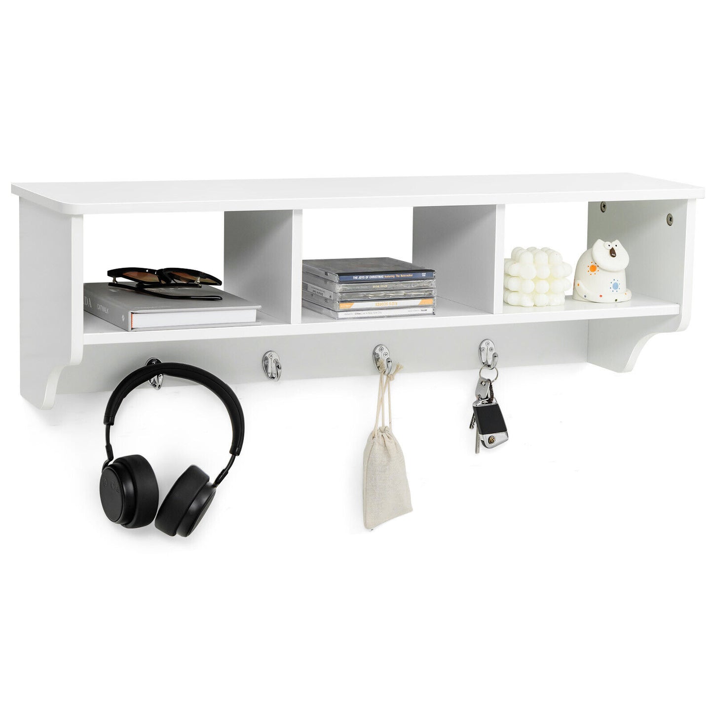 Wall Mounted Entryway Shelf with Storage Cubbies and Coat Hooks for Hallway or Mudroom - White