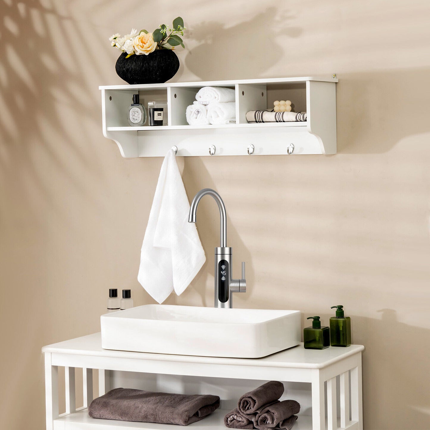 Wall Mounted Entryway Shelf with Storage Cubbies and Coat Hooks for Hallway or Mudroom - White