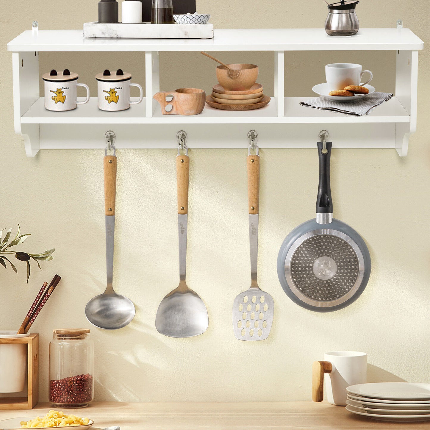 Wall Mounted Entryway Shelf with Storage Cubbies and Coat Hooks for Hallway or Mudroom - White