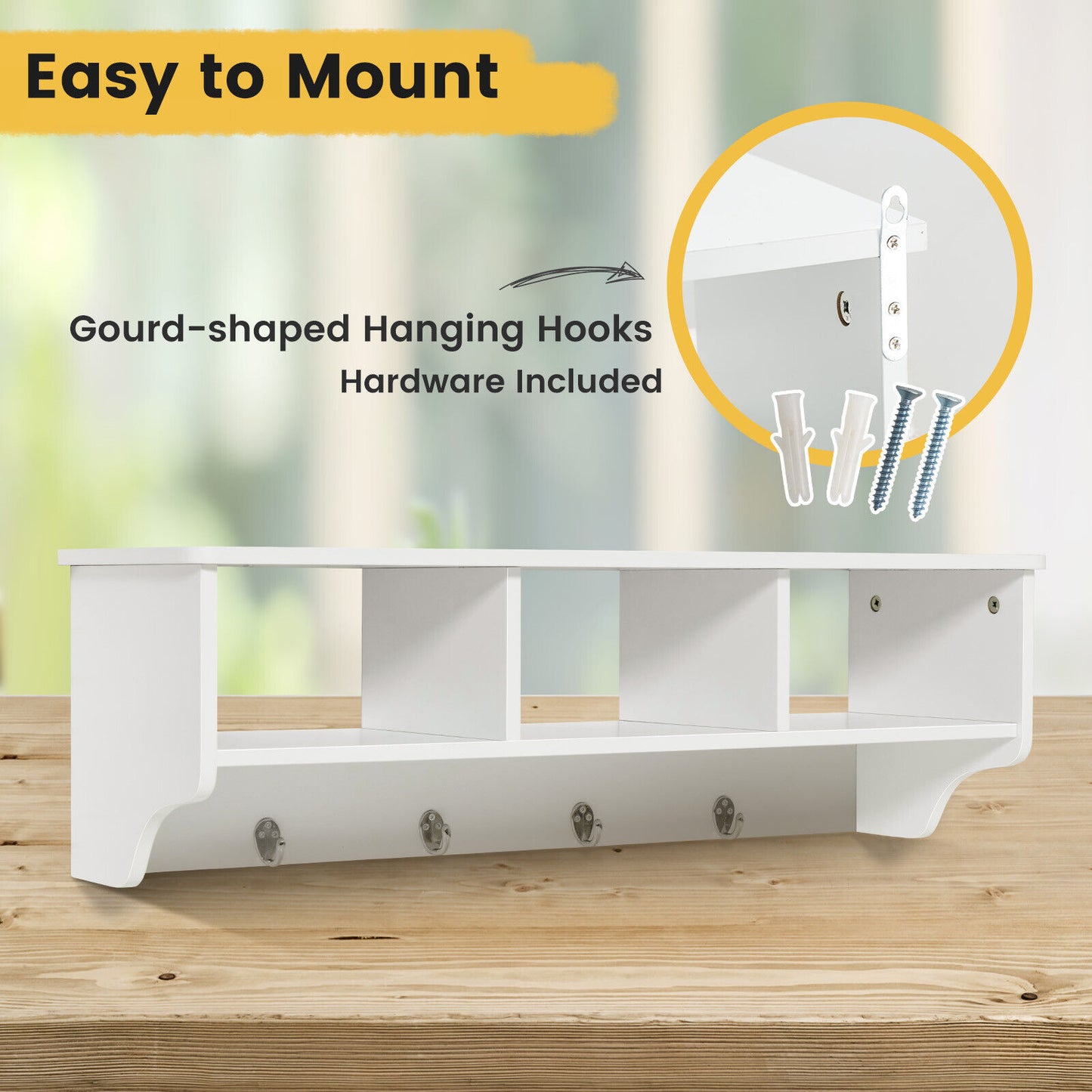Wall Mounted Entryway Shelf with Storage Cubbies and Coat Hooks for Hallway or Mudroom - White