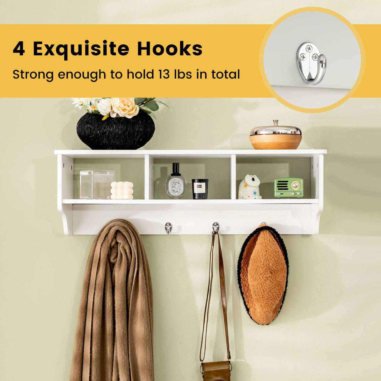 Wall Mounted Entryway Shelf with Storage Cubbies and Coat Hooks for Hallway or Mudroom - White