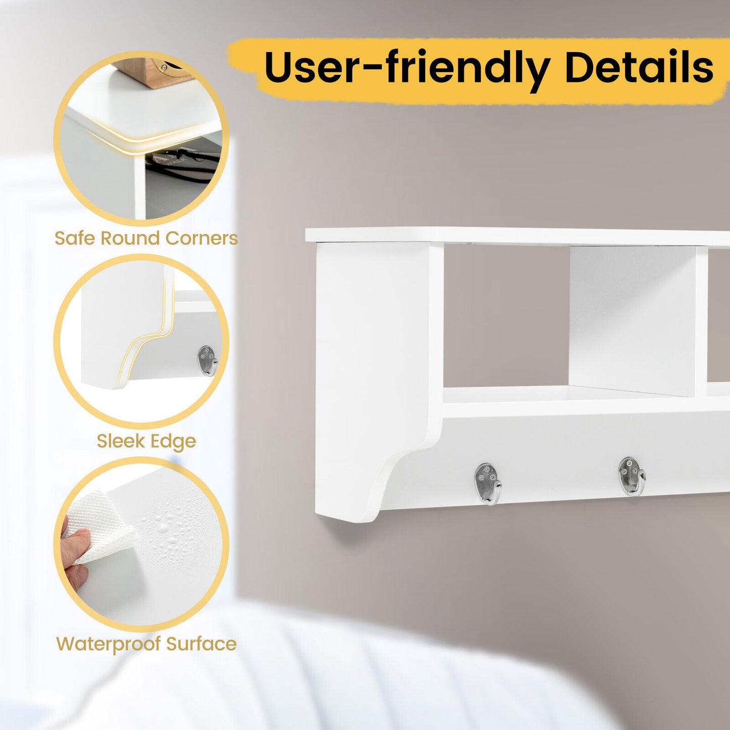 Wall Mounted Entryway Shelf with Storage Cubbies and Coat Hooks for Hallway or Mudroom - White