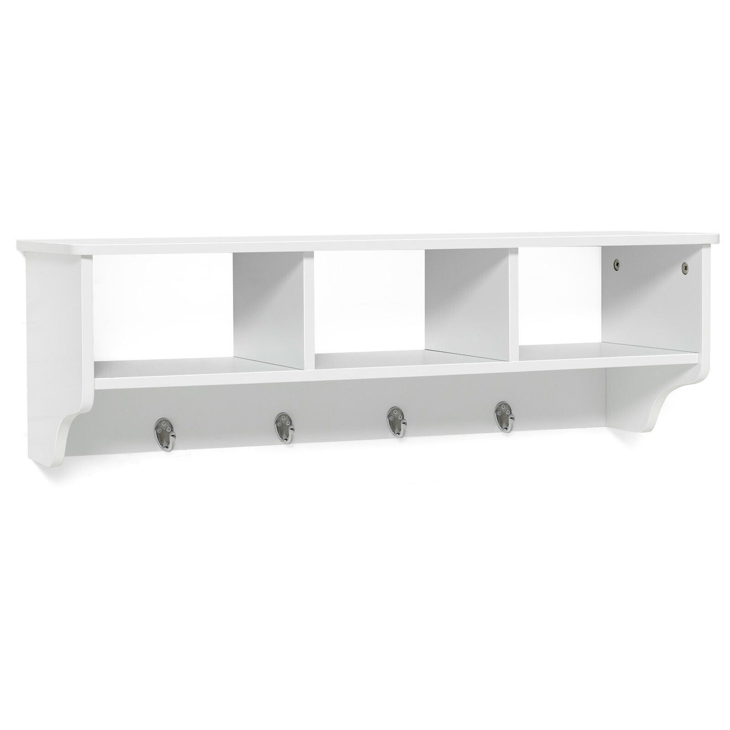 Wall Mounted Entryway Shelf with Storage Cubbies and Coat Hooks for Hallway or Mudroom - White