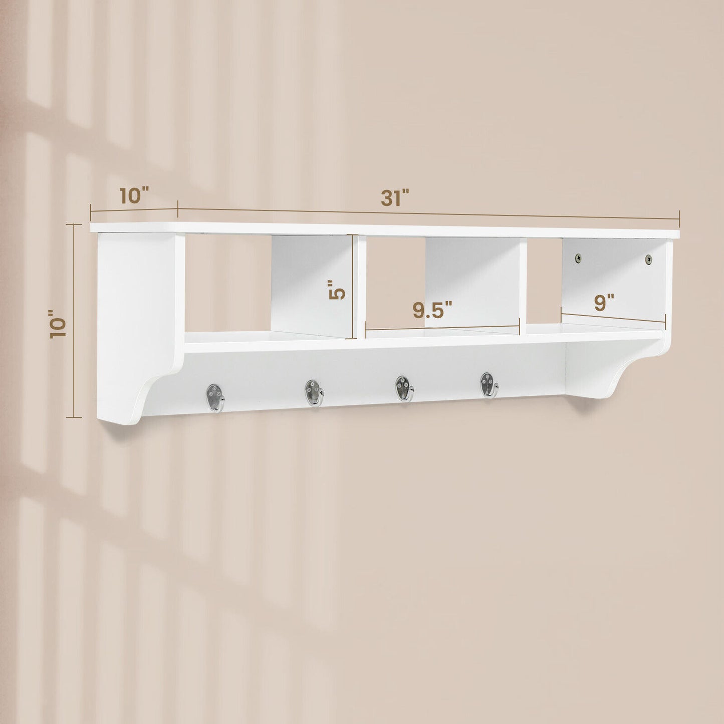 Wall Mounted Entryway Shelf with Storage Cubbies and Coat Hooks for Hallway or Mudroom - White