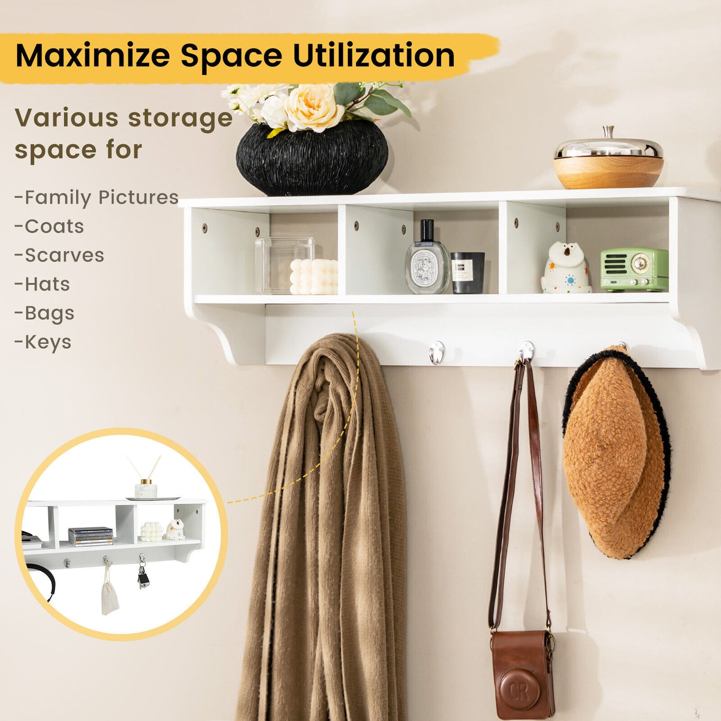Wall Mounted Entryway Shelf with Storage Cubbies and Coat Hooks for Hallway or Mudroom - White
