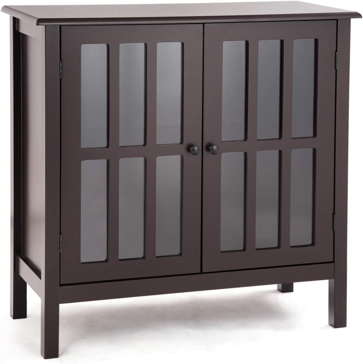 Modern Glass Door Buffet Cabinet with Adjustable Shelves and Storage Drawers - Brown